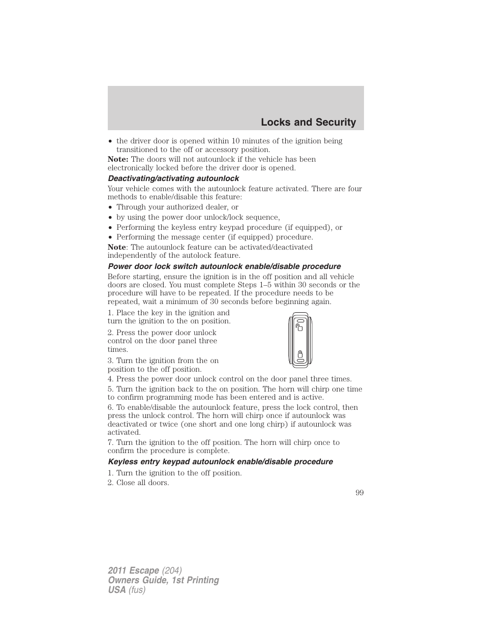 Deactivating/activating autounlock, Locks and security | FORD 2011 Escape v.1 User Manual | Page 99 / 367