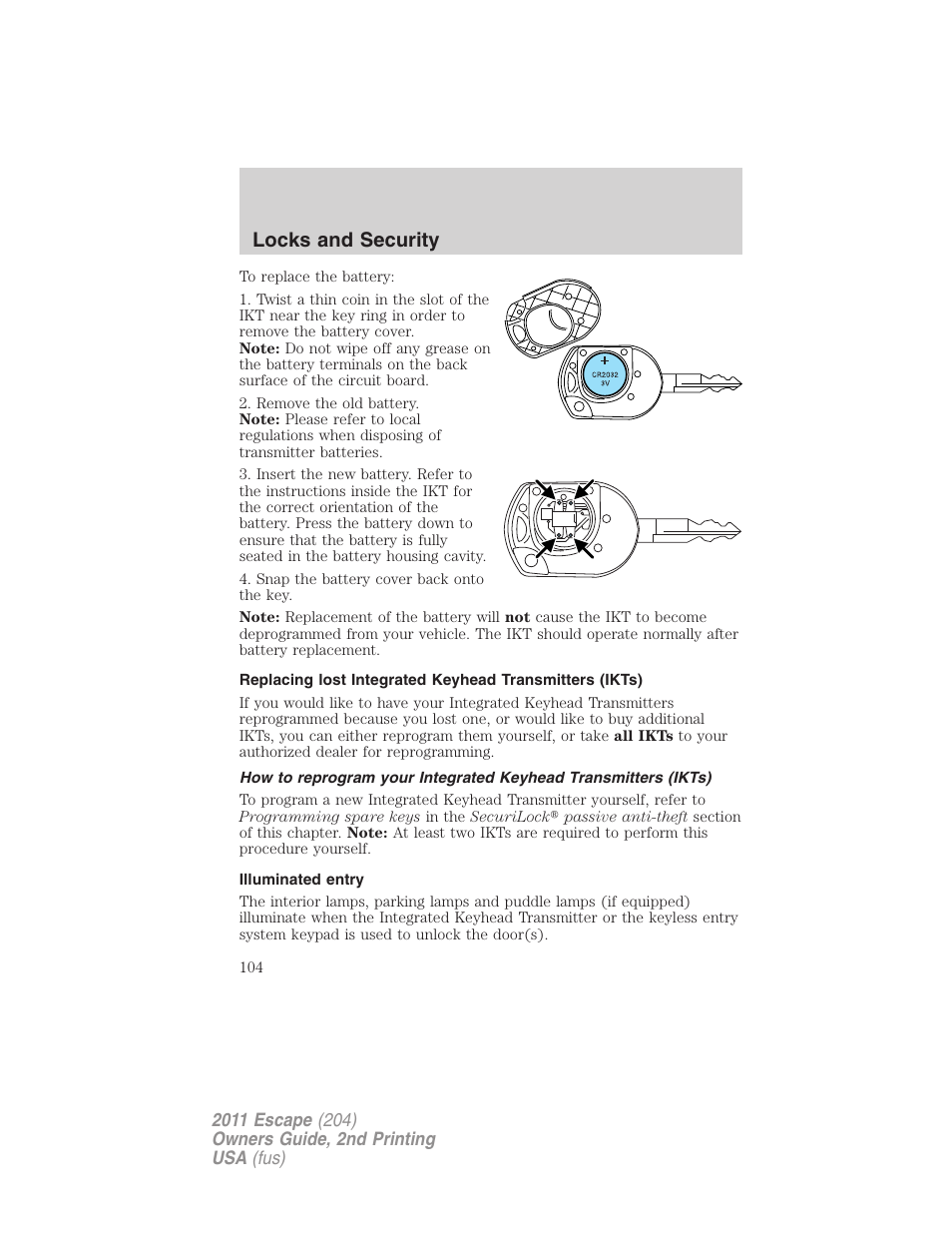 Illuminated entry, Locks and security | FORD 2011 Escape v.2 User Manual | Page 104 / 364