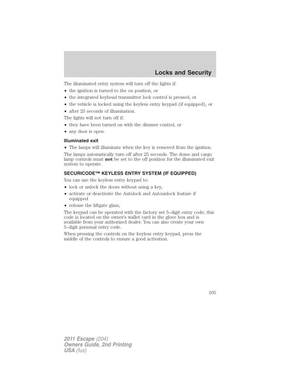 Illuminated exit, Securicode™ keyless entry system (if equipped), Locks and security | FORD 2011 Escape v.2 User Manual | Page 105 / 364