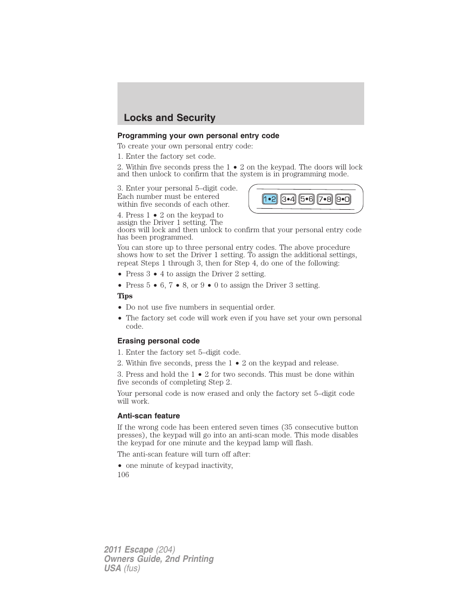 Programming your own personal entry code, Erasing personal code, Anti-scan feature | Locks and security | FORD 2011 Escape v.2 User Manual | Page 106 / 364