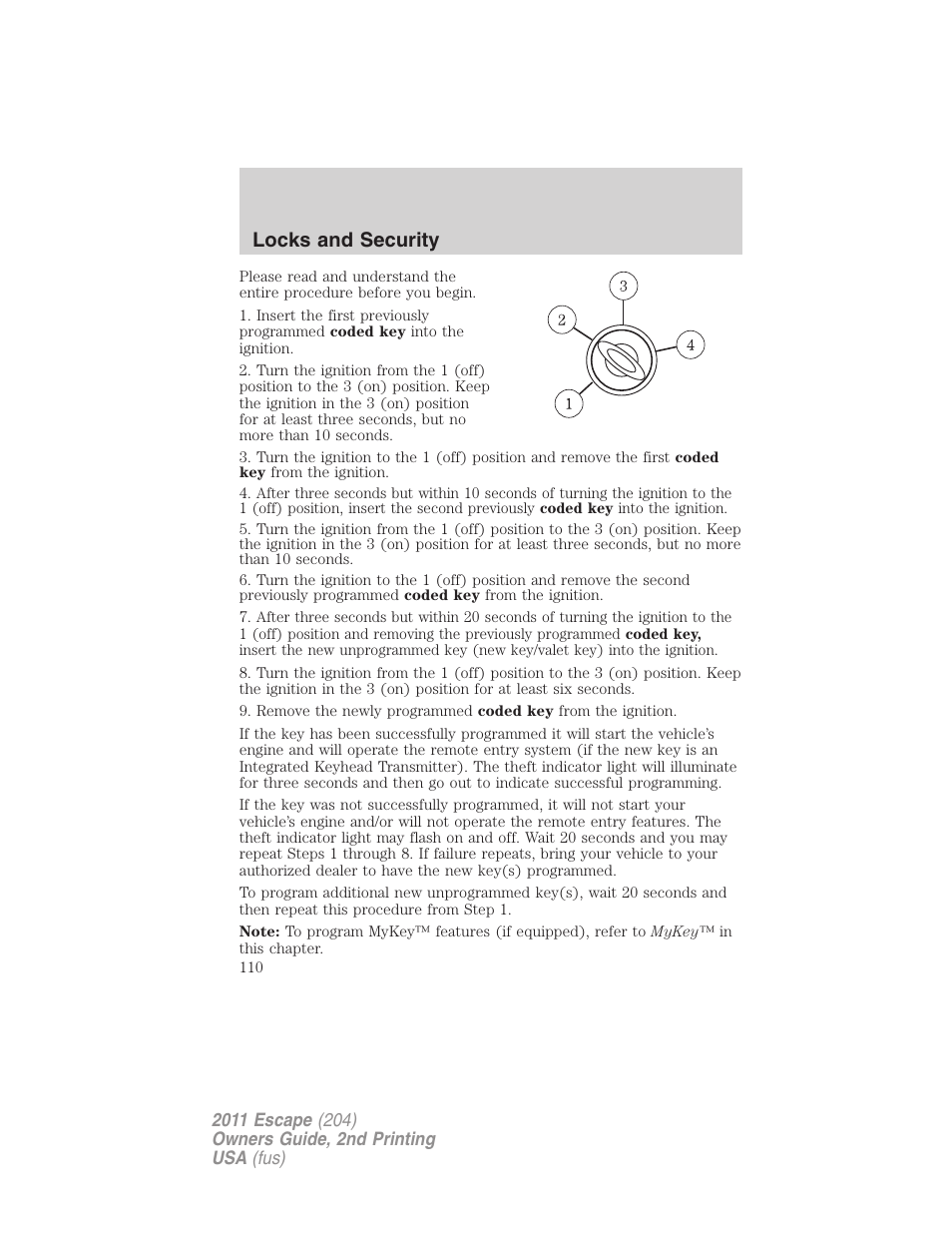 Locks and security | FORD 2011 Escape v.2 User Manual | Page 110 / 364