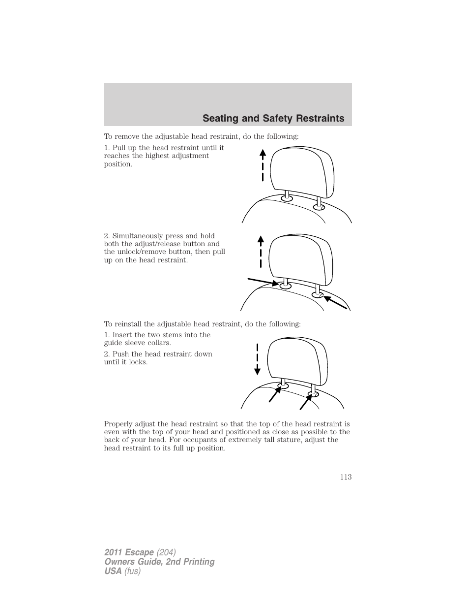 Seating and safety restraints | FORD 2011 Escape v.2 User Manual | Page 113 / 364