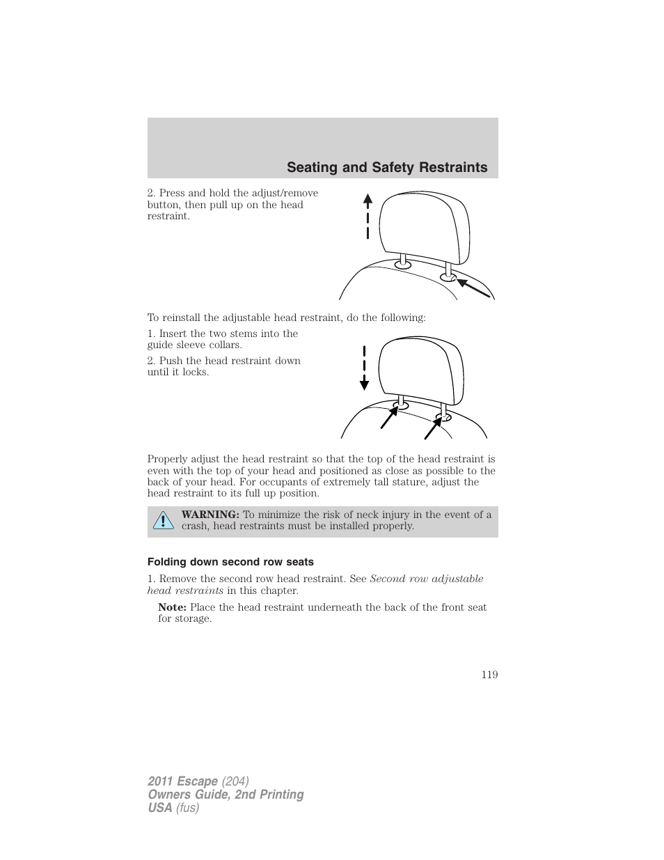 Folding down second row seats, Seating and safety restraints | FORD 2011 Escape v.2 User Manual | Page 119 / 364