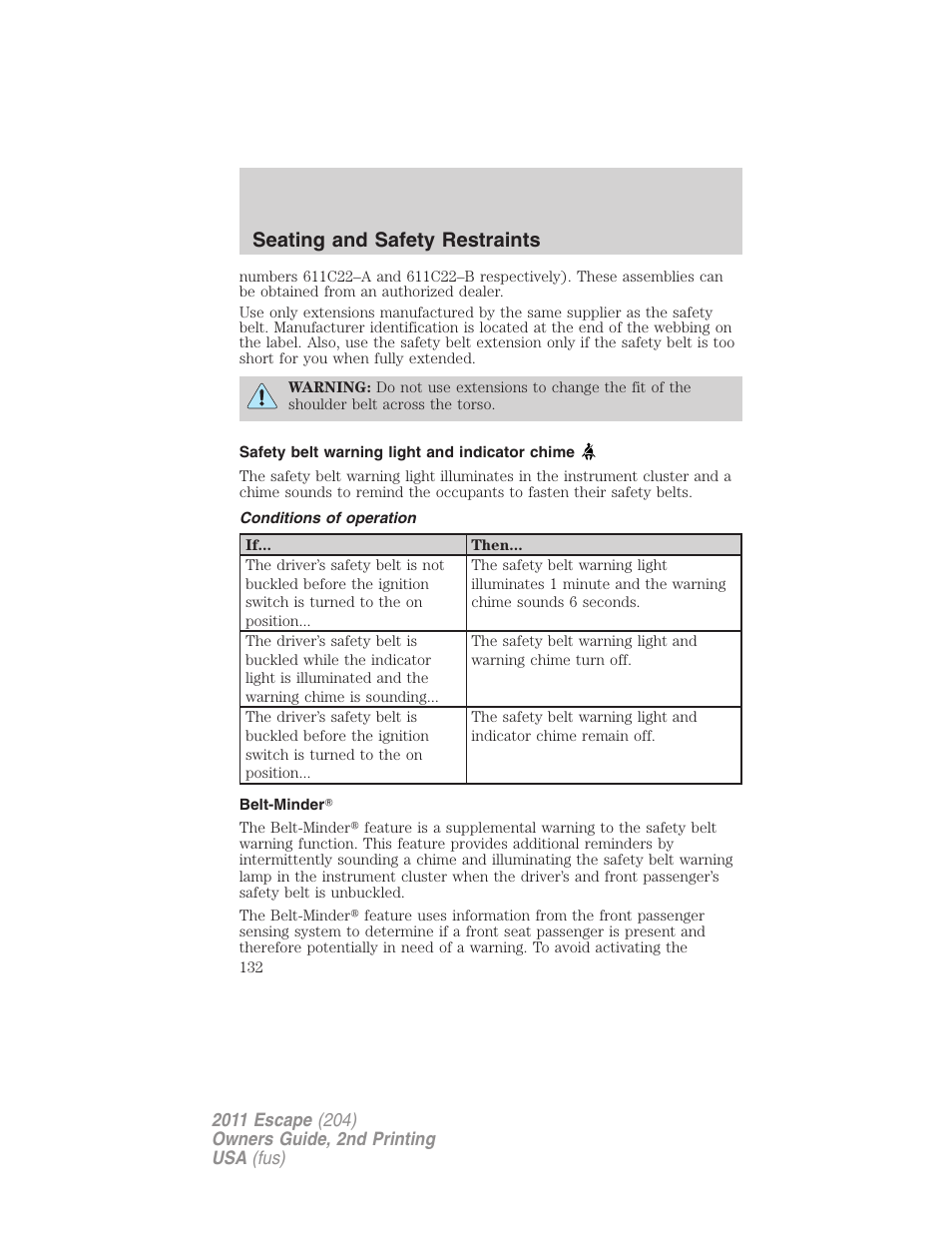 Safety belt warning light and indicator chime, Conditions of operation, Belt-minder | Seating and safety restraints | FORD 2011 Escape v.2 User Manual | Page 132 / 364