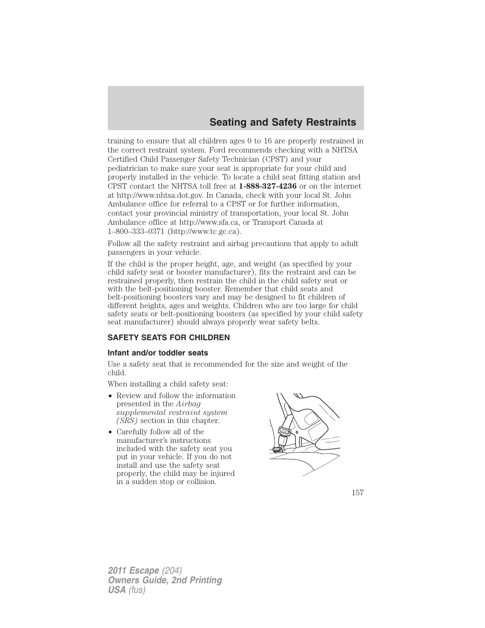 Safety seats for children, Infant and/or toddler seats, Seating and safety restraints | FORD 2011 Escape v.2 User Manual | Page 157 / 364