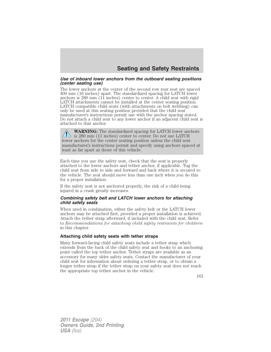 Attaching child safety seats with tether straps, Seating and safety restraints | FORD 2011 Escape v.2 User Manual | Page 163 / 364