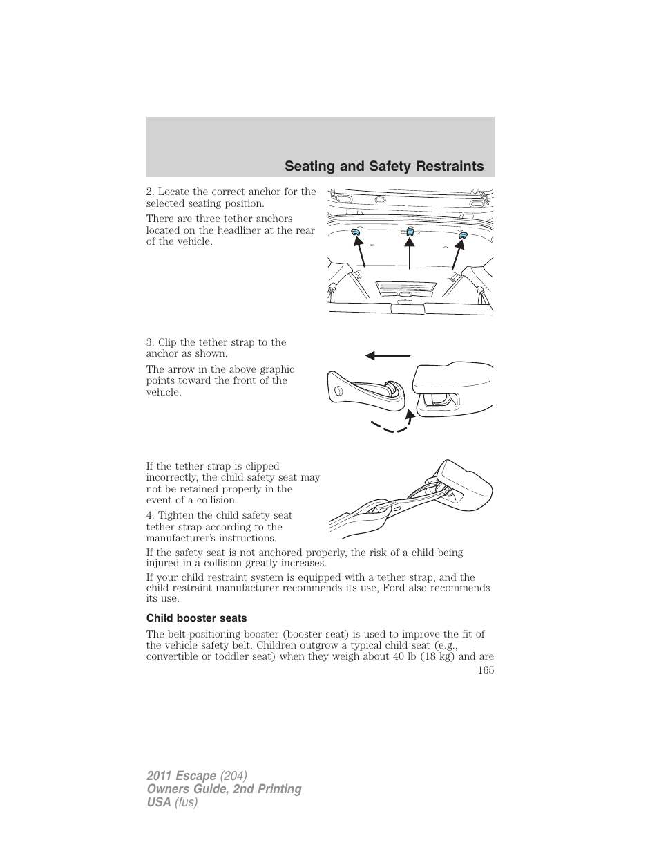 Child booster seats, Seating and safety restraints | FORD 2011 Escape v.2 User Manual | Page 165 / 364