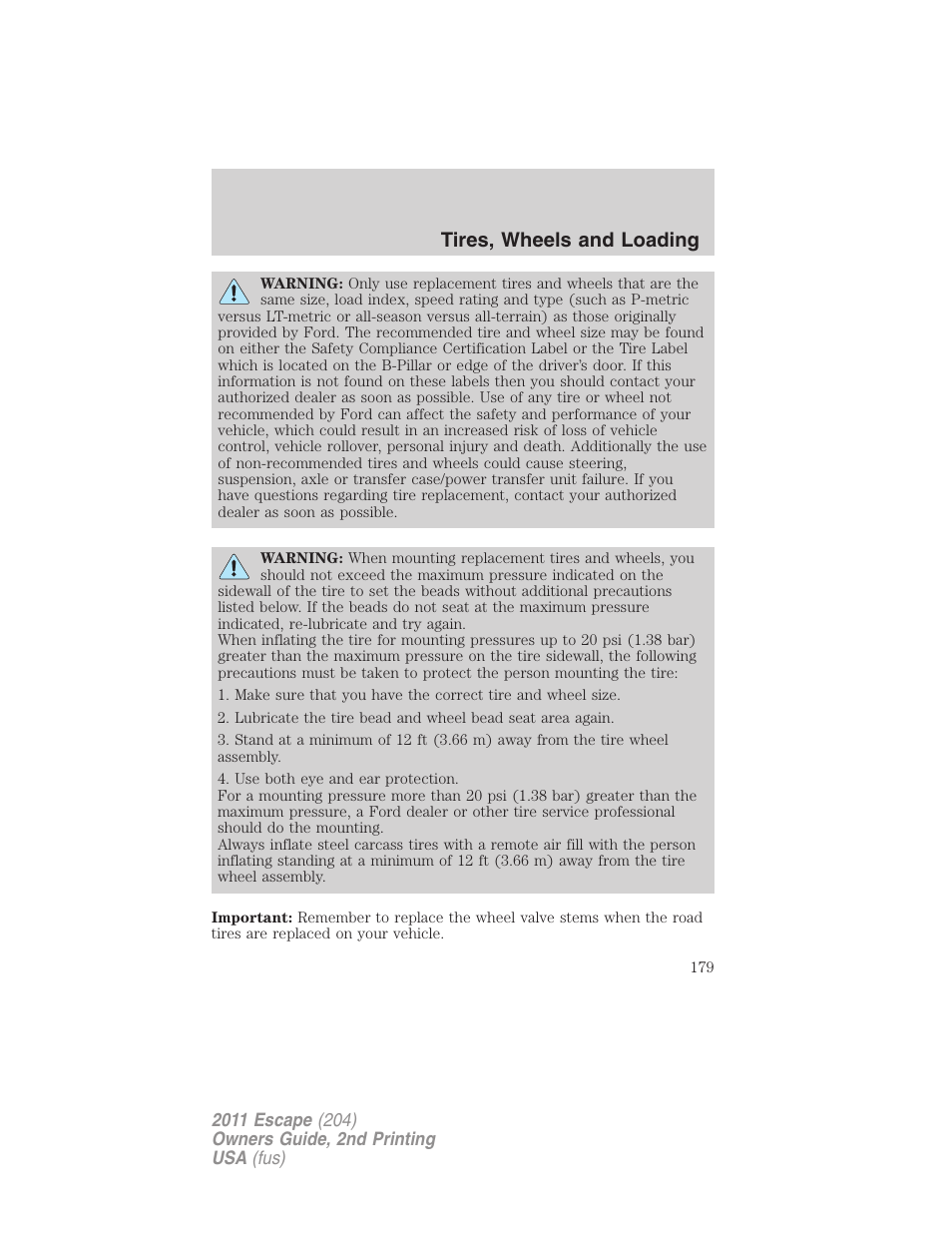 Tires, wheels and loading | FORD 2011 Escape v.2 User Manual | Page 179 / 364