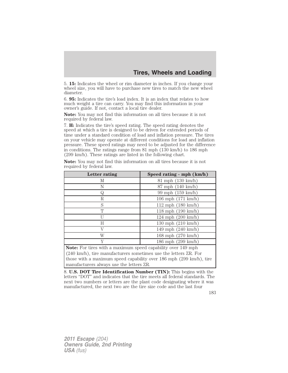 Tires, wheels and loading | FORD 2011 Escape v.2 User Manual | Page 183 / 364