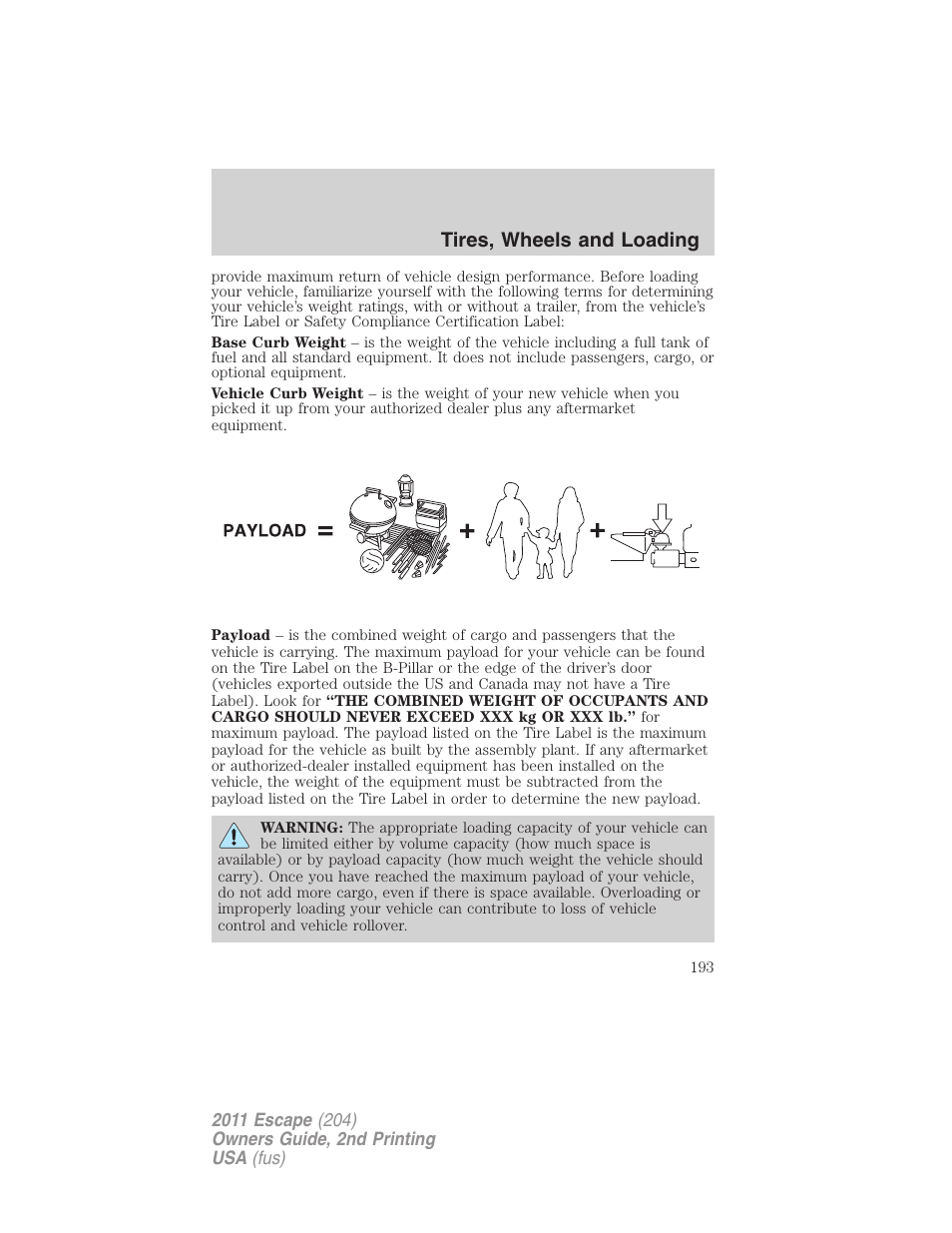 Tires, wheels and loading | FORD 2011 Escape v.2 User Manual | Page 193 / 364