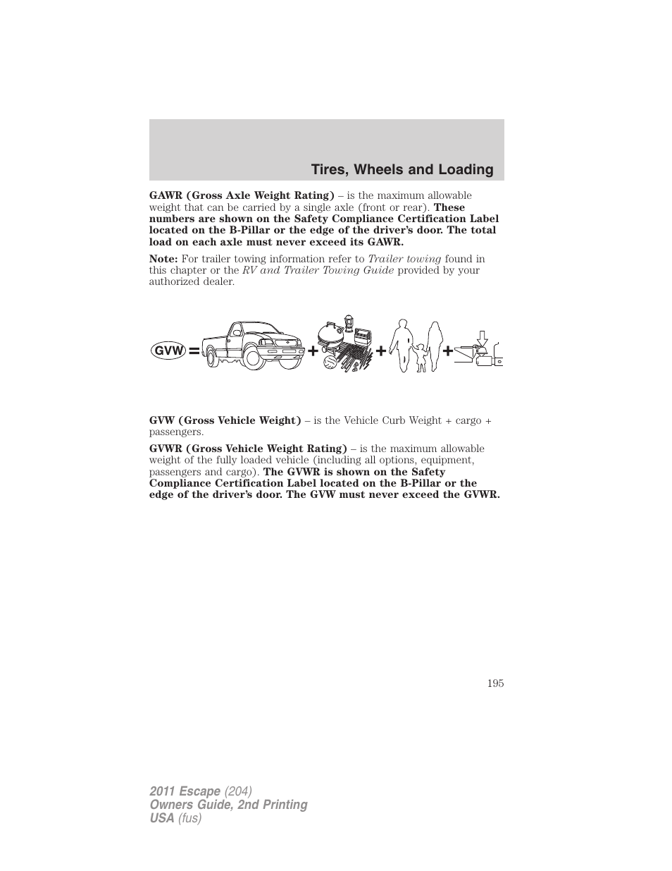 Tires, wheels and loading | FORD 2011 Escape v.2 User Manual | Page 195 / 364