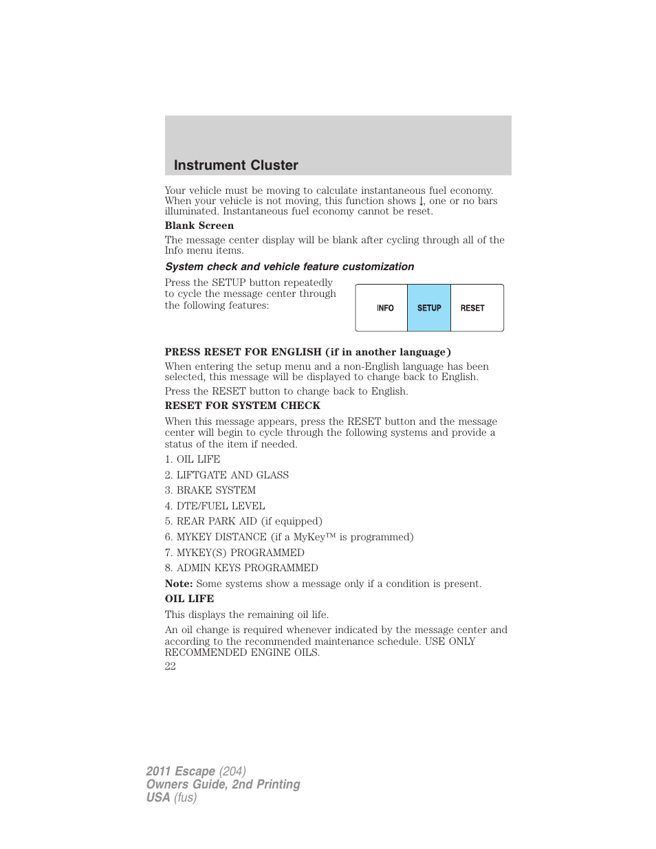 System check and vehicle feature customization, Instrument cluster | FORD 2011 Escape v.2 User Manual | Page 22 / 364