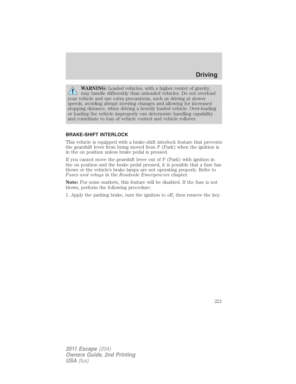 Brake-shift interlock, Driving | FORD 2011 Escape v.2 User Manual | Page 221 / 364