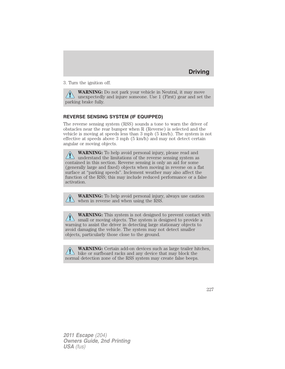 Reverse sensing system (if equipped), Reverse sensing system, Driving | FORD 2011 Escape v.2 User Manual | Page 227 / 364