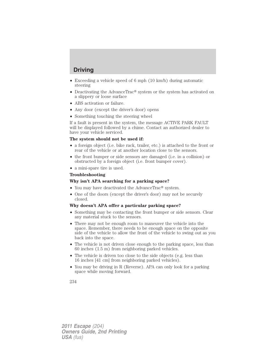 Driving | FORD 2011 Escape v.2 User Manual | Page 234 / 364