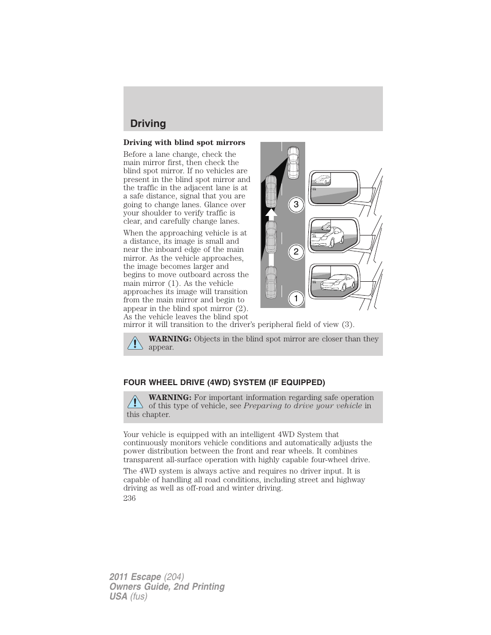 Four wheel drive (4wd) system (if equipped), Driving | FORD 2011 Escape v.2 User Manual | Page 236 / 364