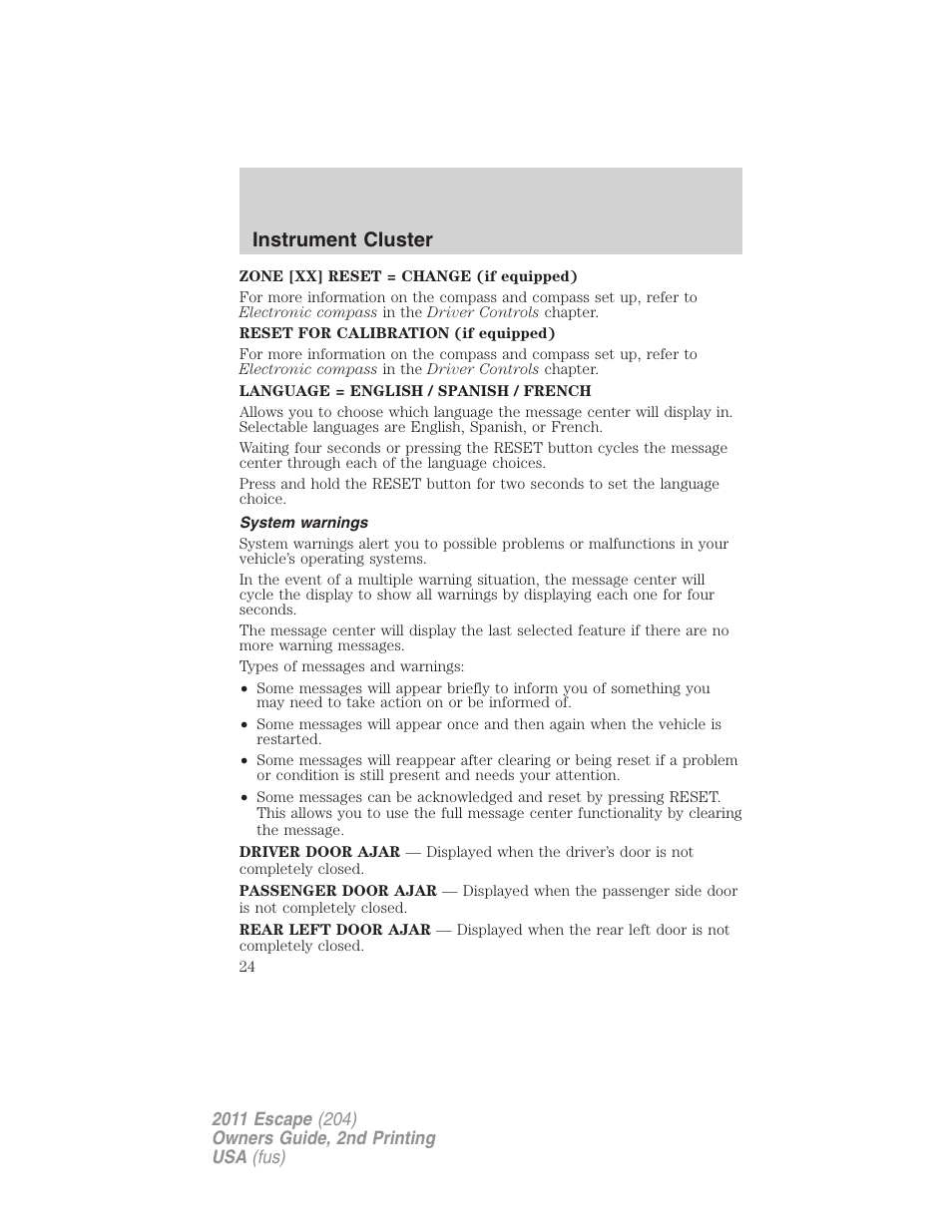 System warnings, Instrument cluster | FORD 2011 Escape v.2 User Manual | Page 24 / 364