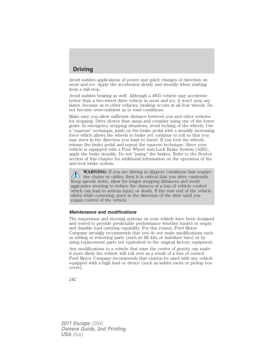 Maintenance and modifications, Driving | FORD 2011 Escape v.2 User Manual | Page 242 / 364