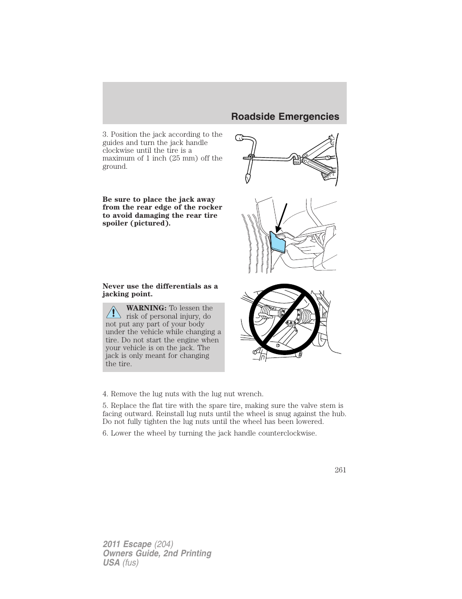 Roadside emergencies | FORD 2011 Escape v.2 User Manual | Page 261 / 364