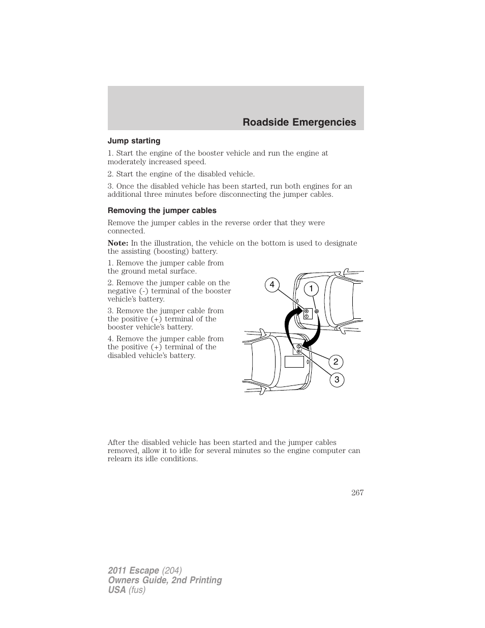 Jump starting, Removing the jumper cables, Roadside emergencies | FORD 2011 Escape v.2 User Manual | Page 267 / 364