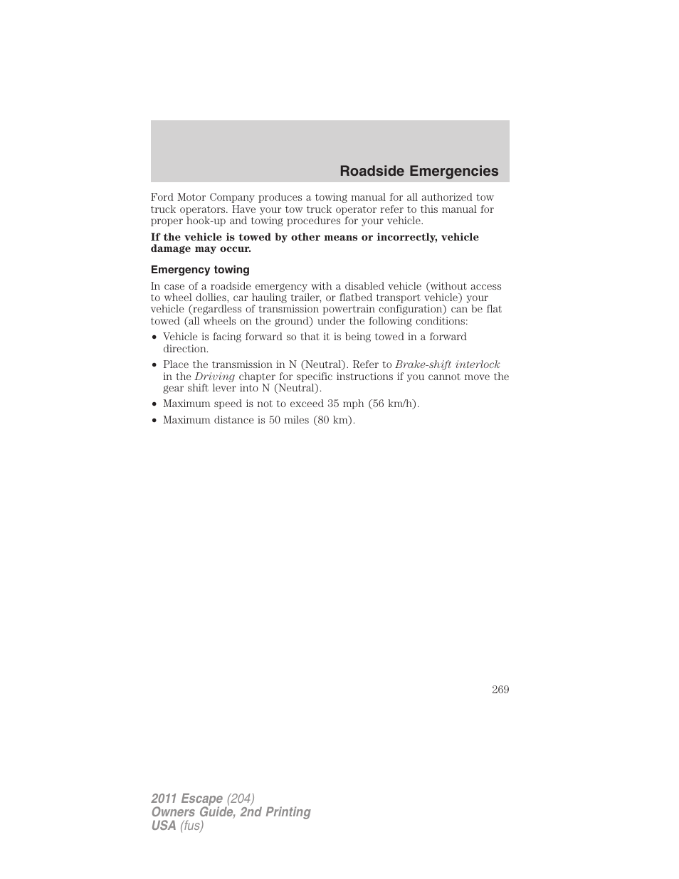 Emergency towing, Roadside emergencies | FORD 2011 Escape v.2 User Manual | Page 269 / 364