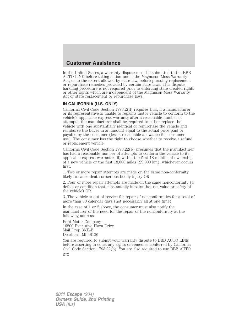 In california (u.s. only), Customer assistance | FORD 2011 Escape v.2 User Manual | Page 272 / 364