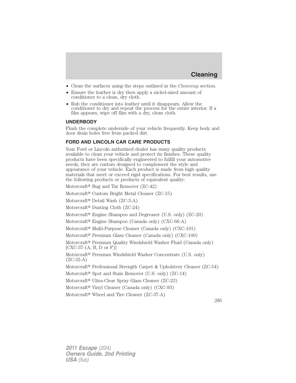 Underbody, Ford and lincoln car care products, Cleaning | FORD 2011 Escape v.2 User Manual | Page 285 / 364