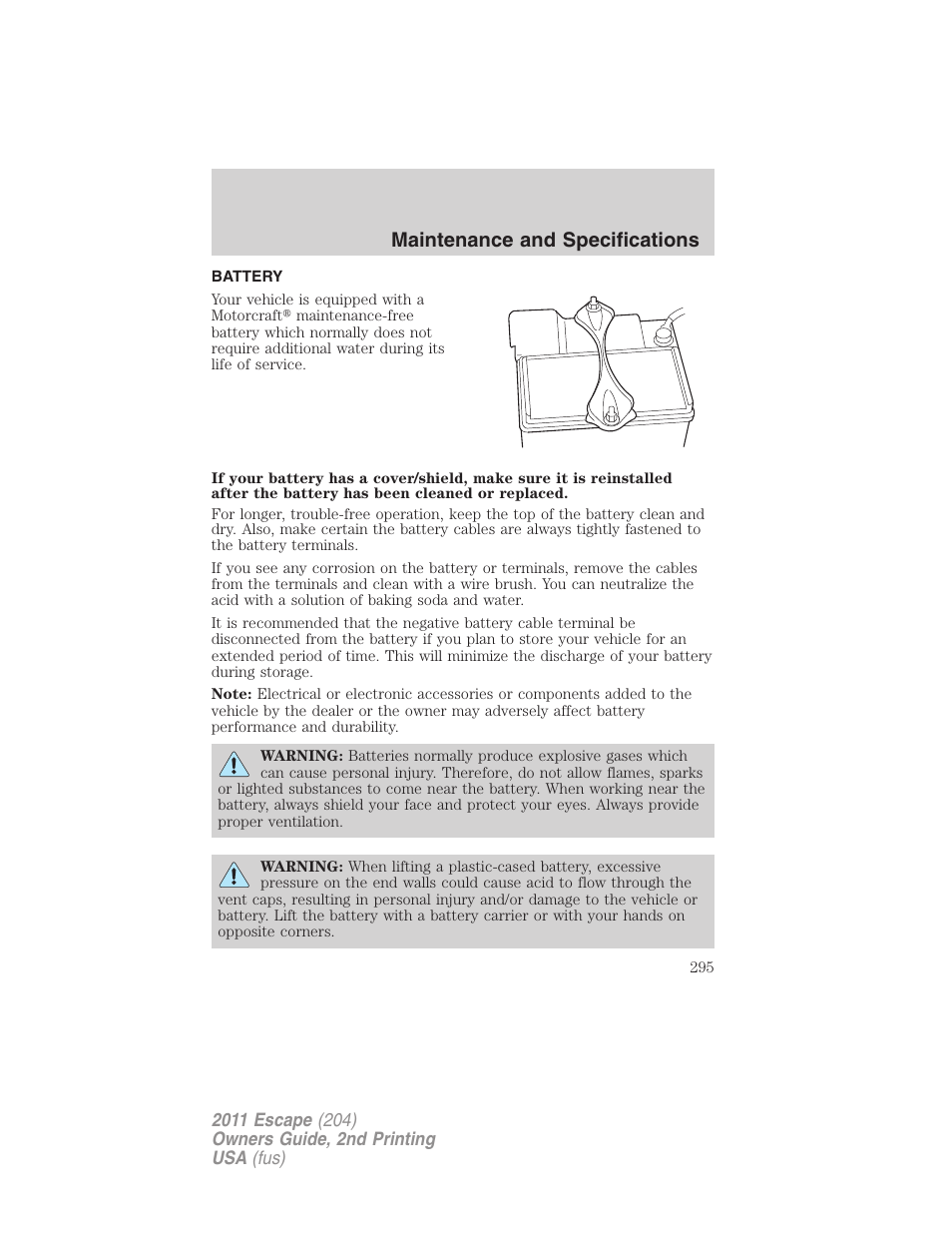 Battery, Maintenance and specifications | FORD 2011 Escape v.2 User Manual | Page 295 / 364