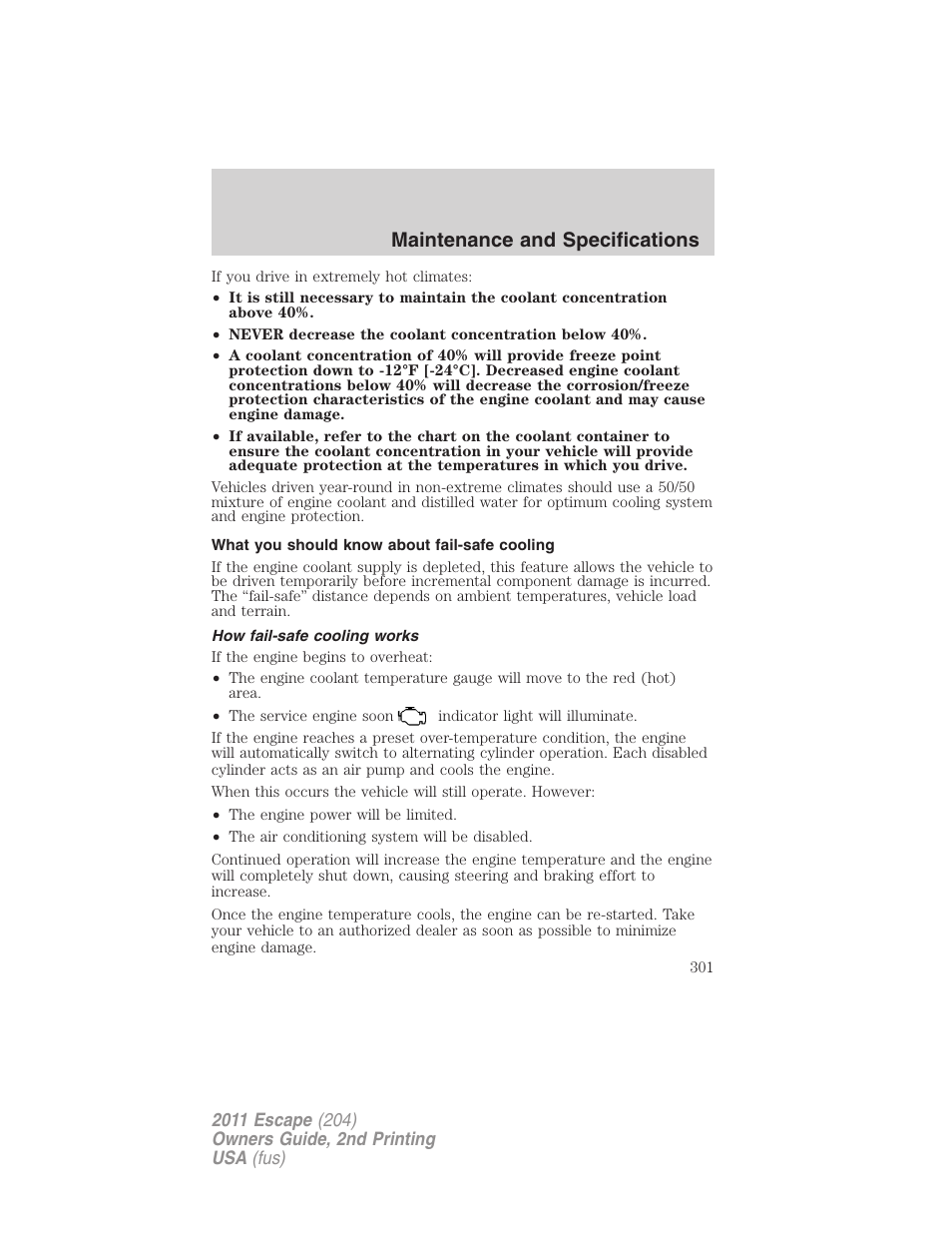 What you should know about fail-safe cooling, How fail-safe cooling works, Maintenance and specifications | FORD 2011 Escape v.2 User Manual | Page 301 / 364