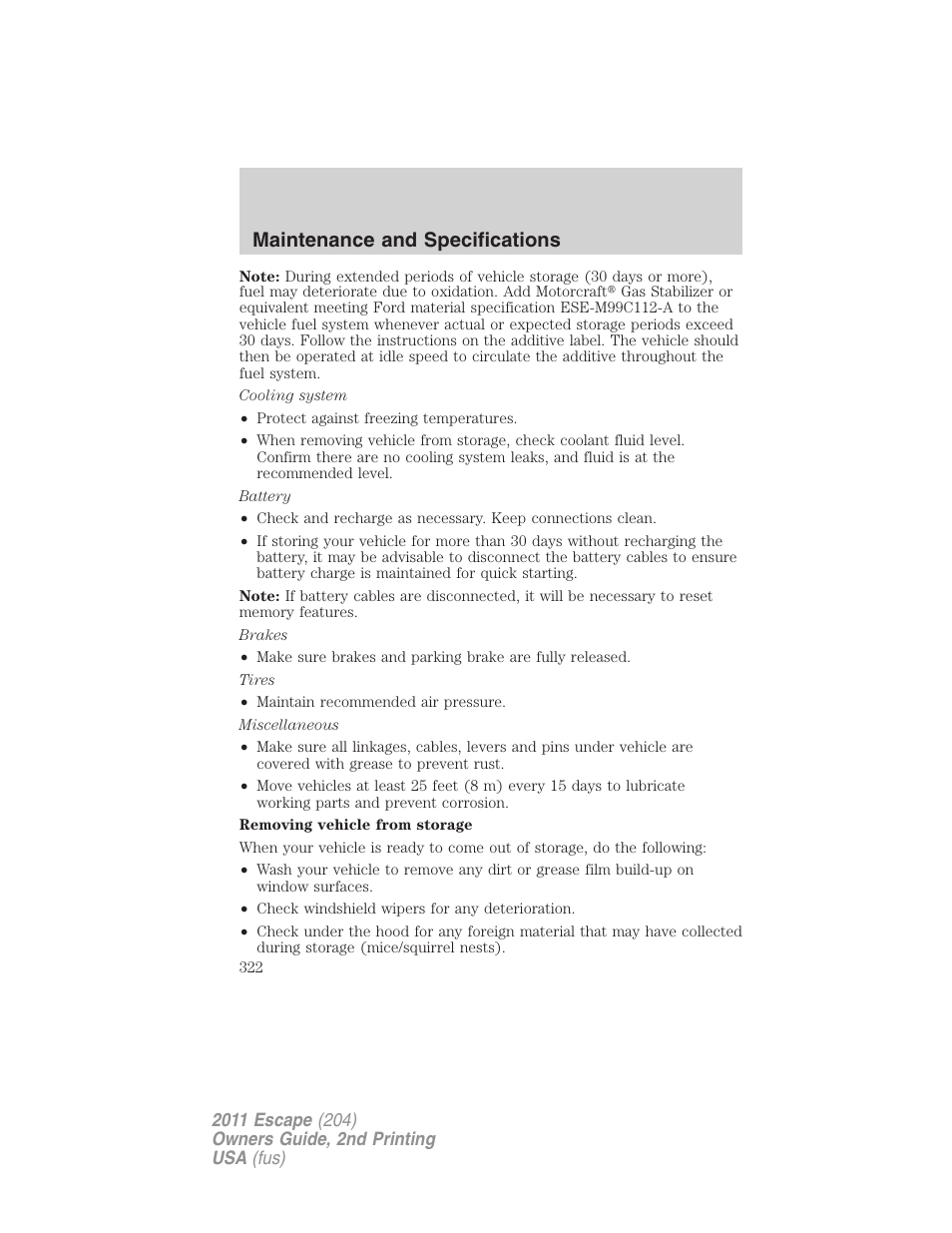 Maintenance and specifications | FORD 2011 Escape v.2 User Manual | Page 322 / 364