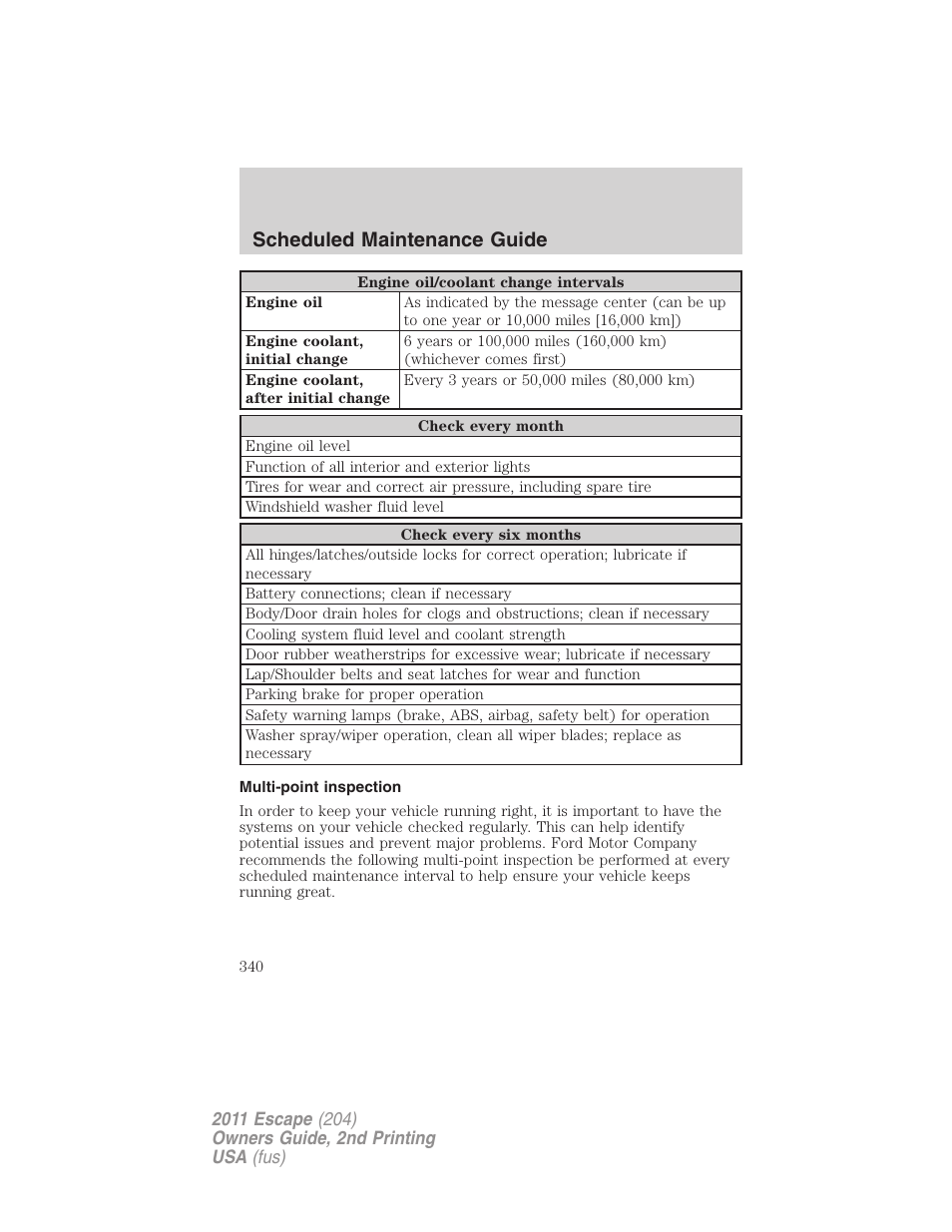 Multi-point inspection, Scheduled maintenance guide | FORD 2011 Escape v.2 User Manual | Page 340 / 364