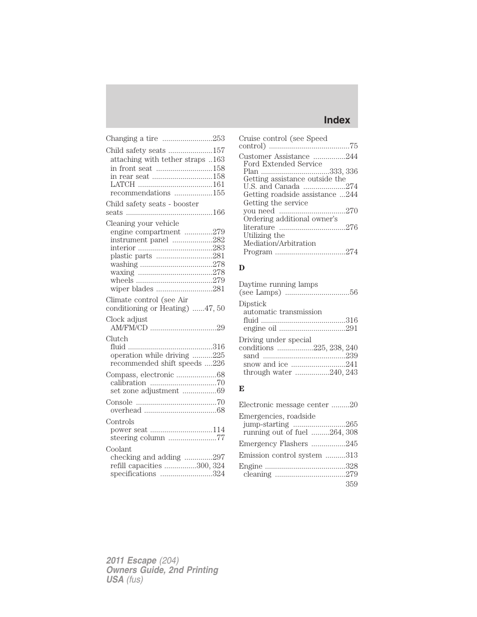 Index | FORD 2011 Escape v.2 User Manual | Page 359 / 364