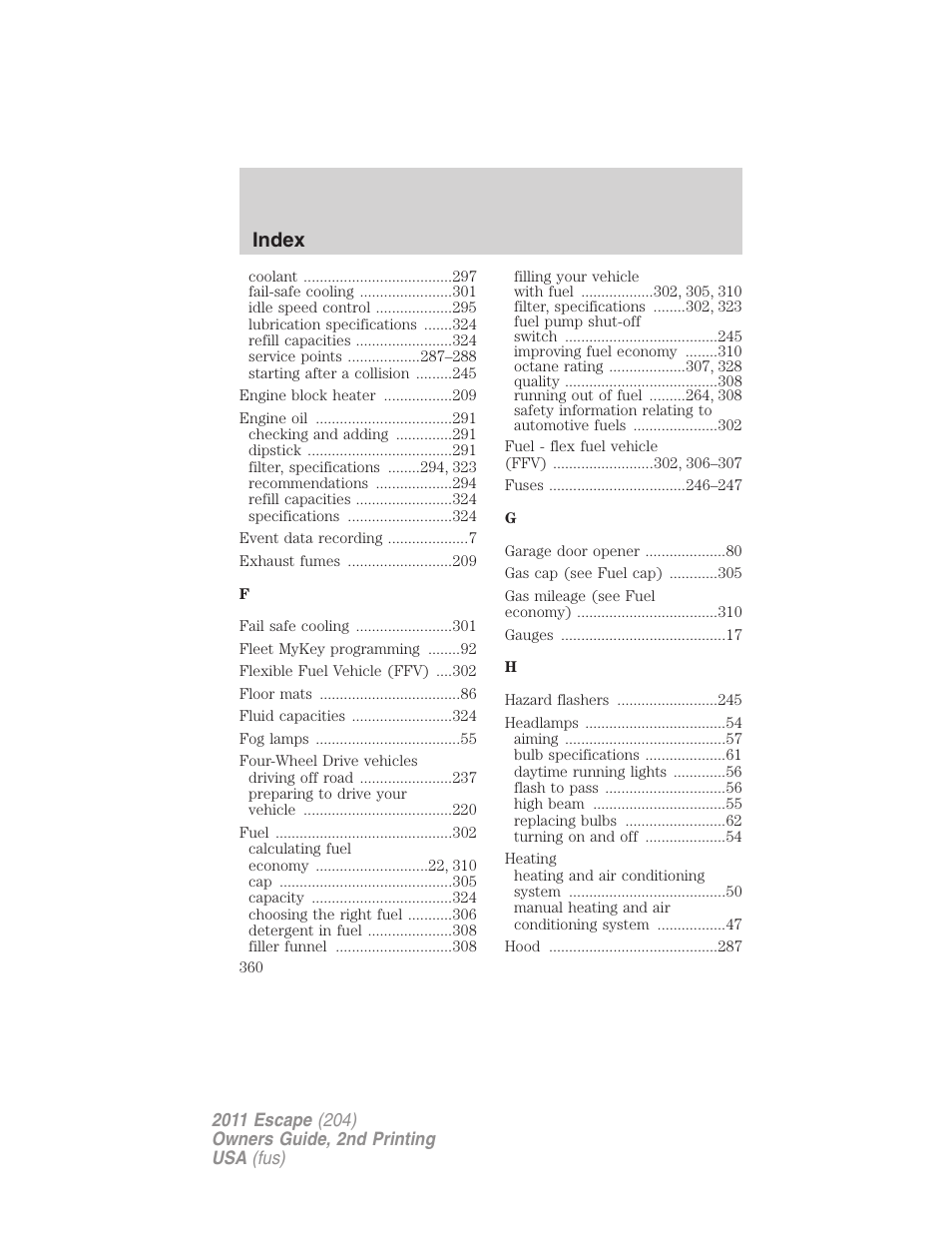 Index | FORD 2011 Escape v.2 User Manual | Page 360 / 364