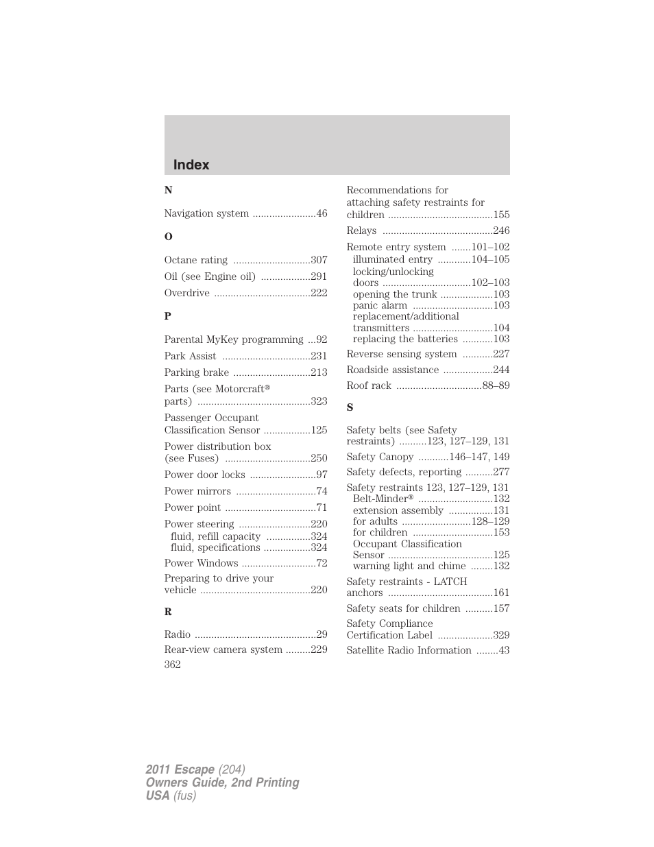 Index | FORD 2011 Escape v.2 User Manual | Page 362 / 364