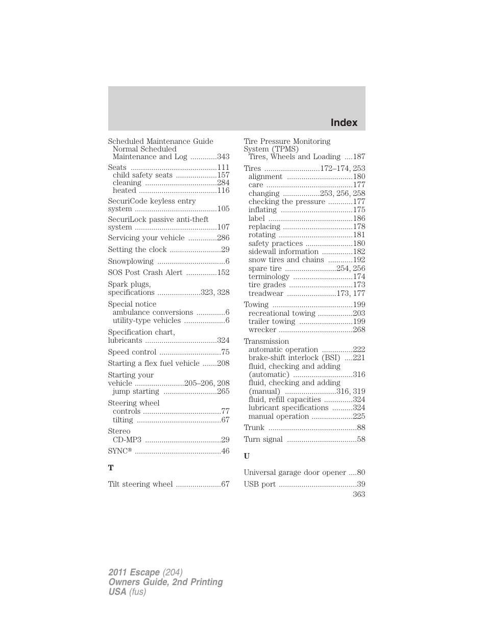 Index | FORD 2011 Escape v.2 User Manual | Page 363 / 364