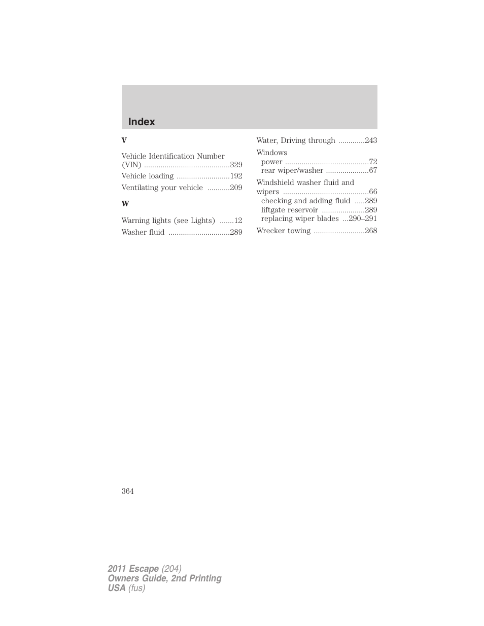 Index | FORD 2011 Escape v.2 User Manual | Page 364 / 364