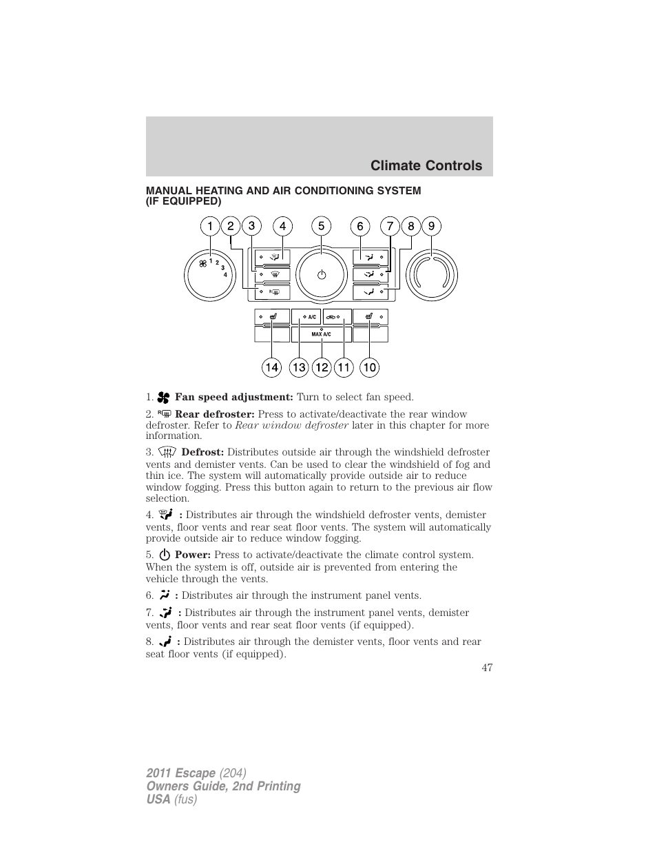 Climate controls, Manual heating and air conditioning | FORD 2011 Escape v.2 User Manual | Page 47 / 364