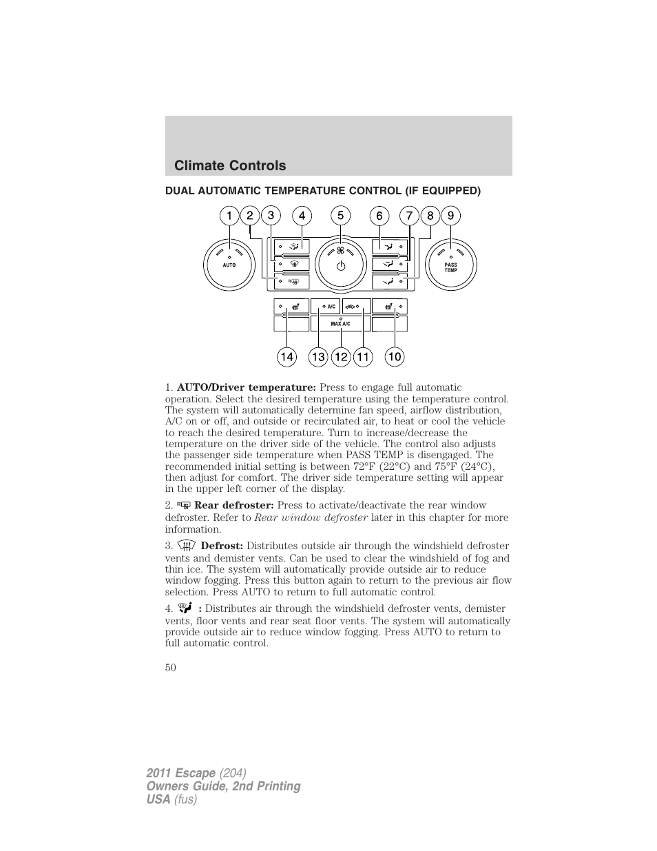 Dual automatic temperature control (if equipped), Dual automatic temperature control, Climate controls | FORD 2011 Escape v.2 User Manual | Page 50 / 364