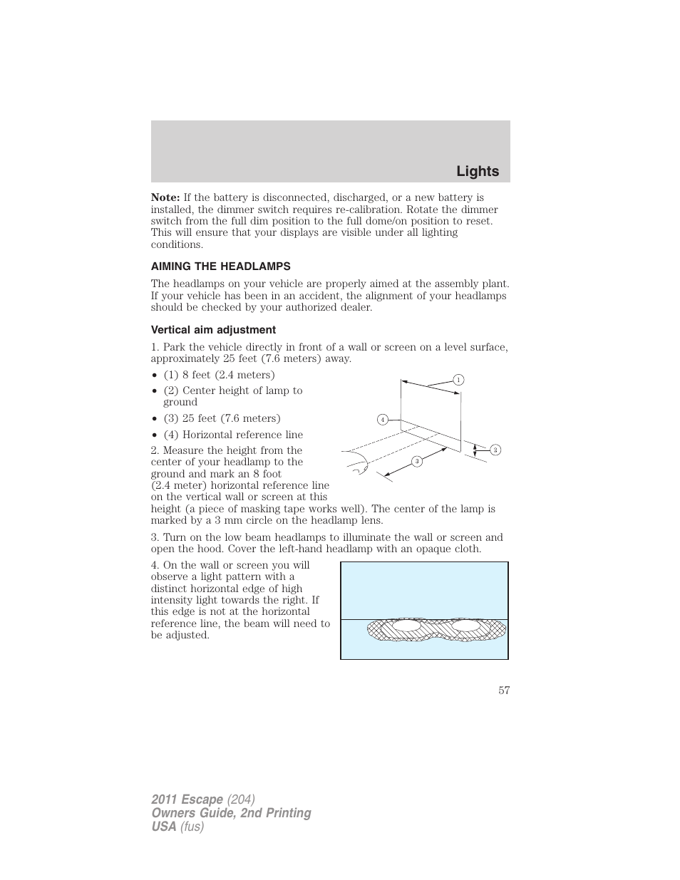 Aiming the headlamps, Vertical aim adjustment, Lights | FORD 2011 Escape v.2 User Manual | Page 57 / 364