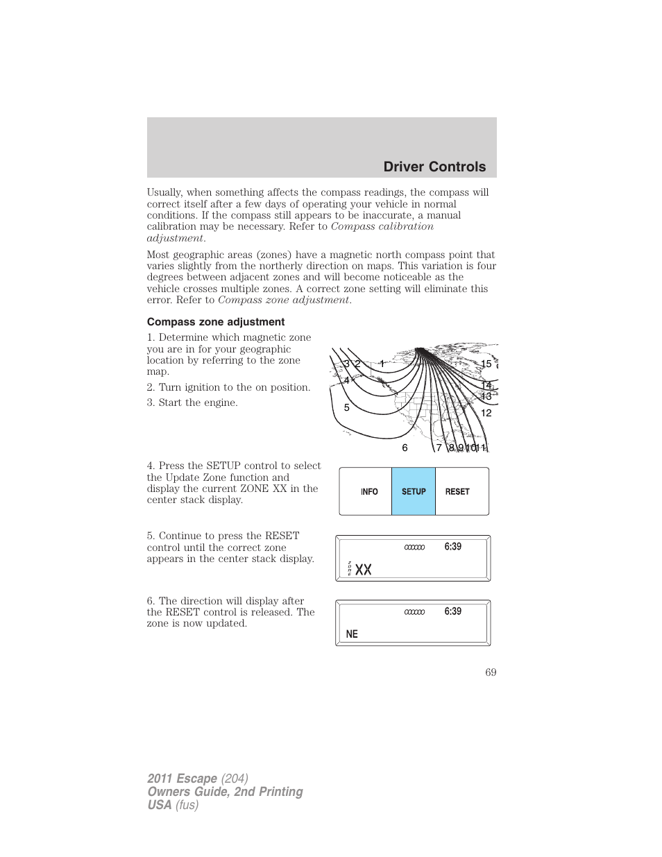 Compass zone adjustment, Driver controls | FORD 2011 Escape v.2 User Manual | Page 69 / 364