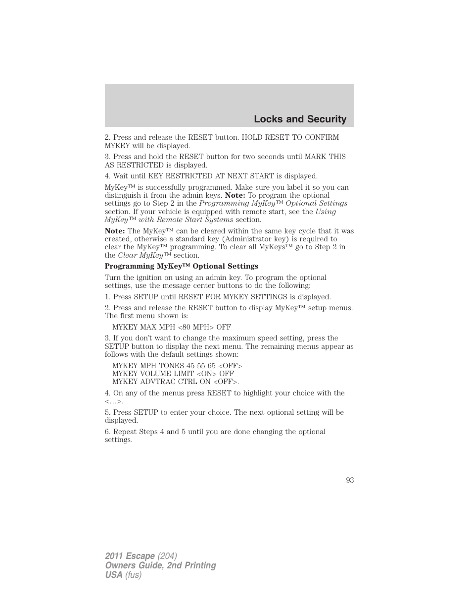 Locks and security | FORD 2011 Escape v.2 User Manual | Page 93 / 364