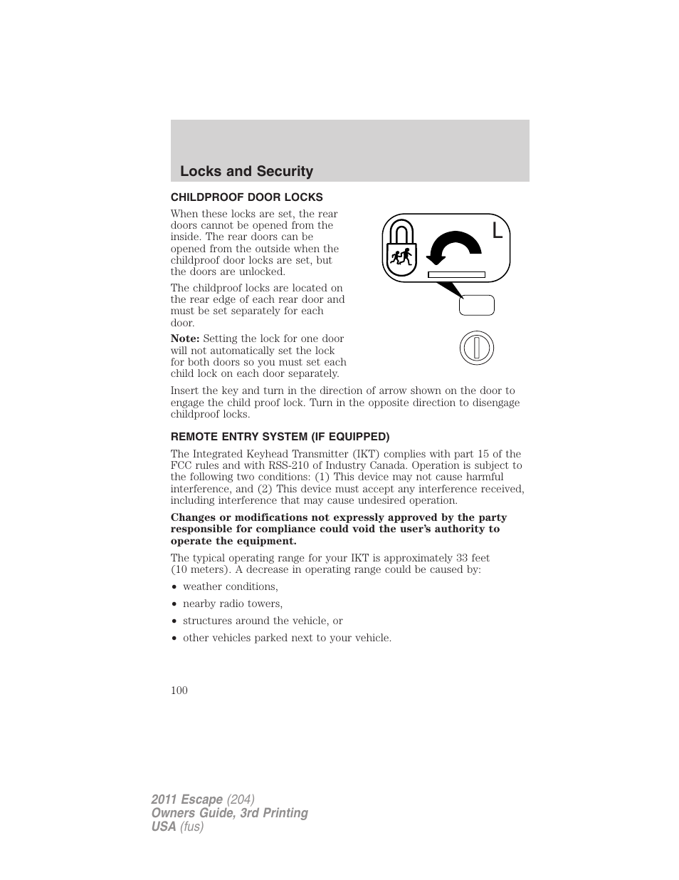 Childproof door locks, Remote entry system (if equipped), Locks and security | FORD 2011 Escape v.3 User Manual | Page 100 / 367