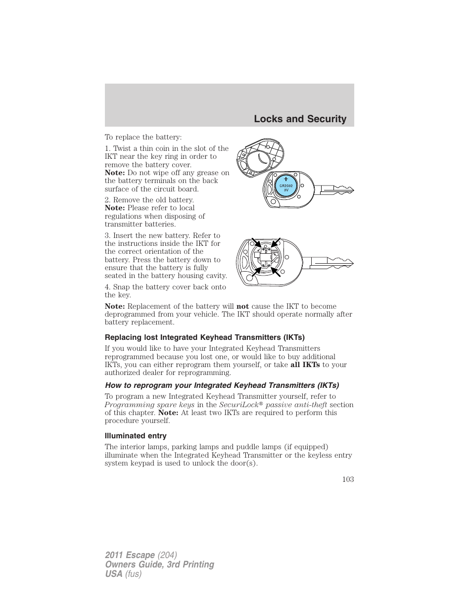 Illuminated entry, Locks and security | FORD 2011 Escape v.3 User Manual | Page 103 / 367