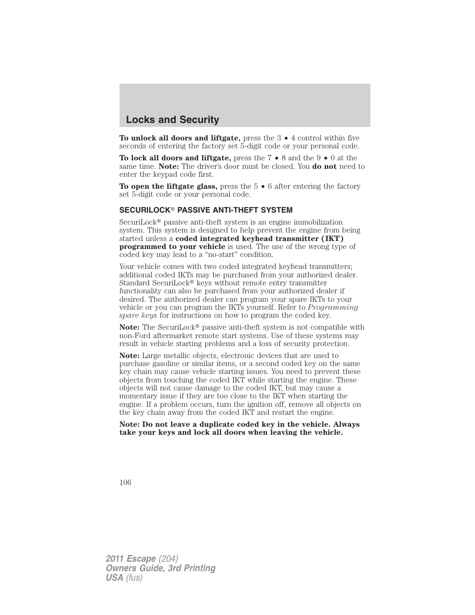 Securilock passive anti-theft system, Anti-theft system, Locks and security | FORD 2011 Escape v.3 User Manual | Page 106 / 367