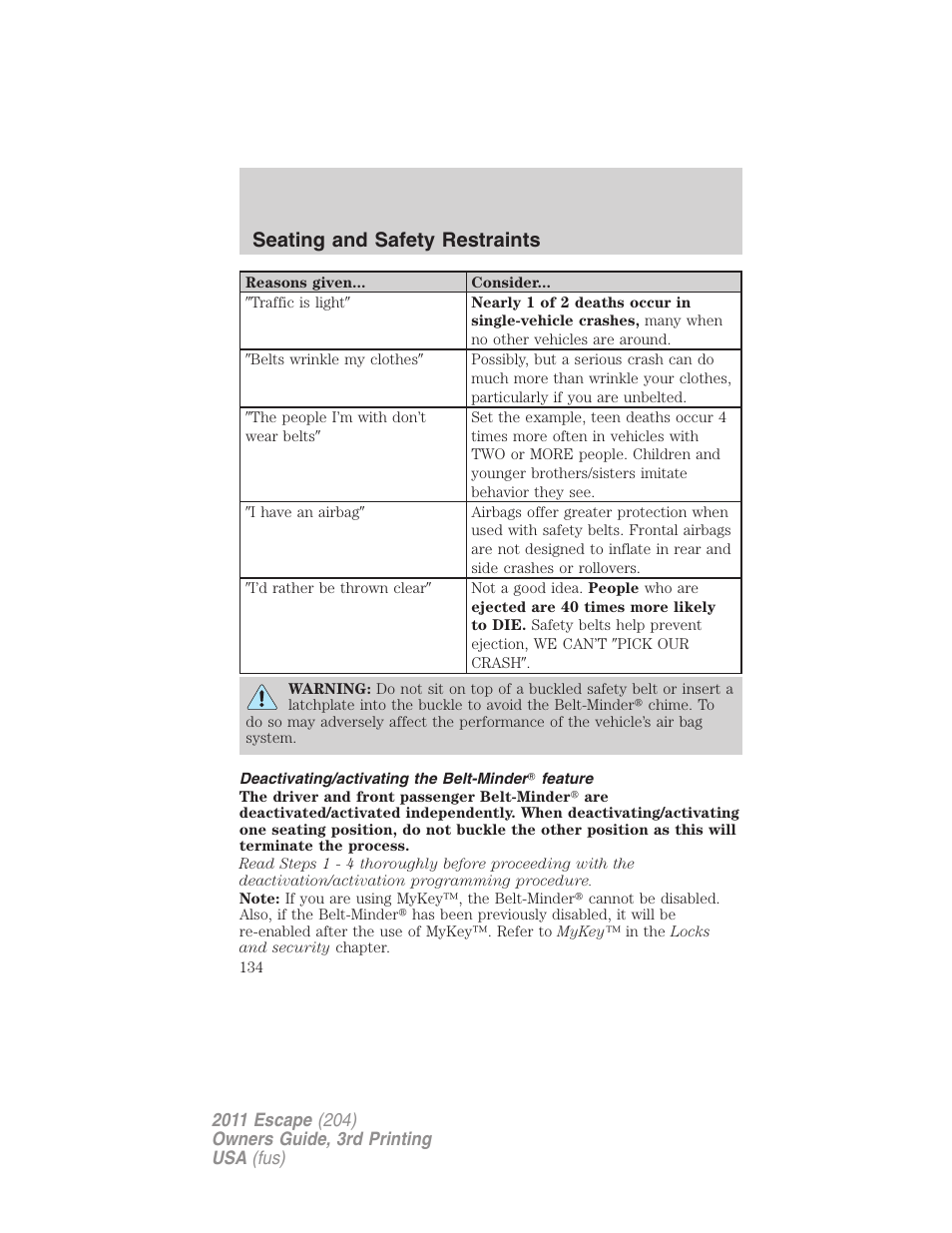 Deactivating/activating the belt-minder feature, Seating and safety restraints | FORD 2011 Escape v.3 User Manual | Page 134 / 367