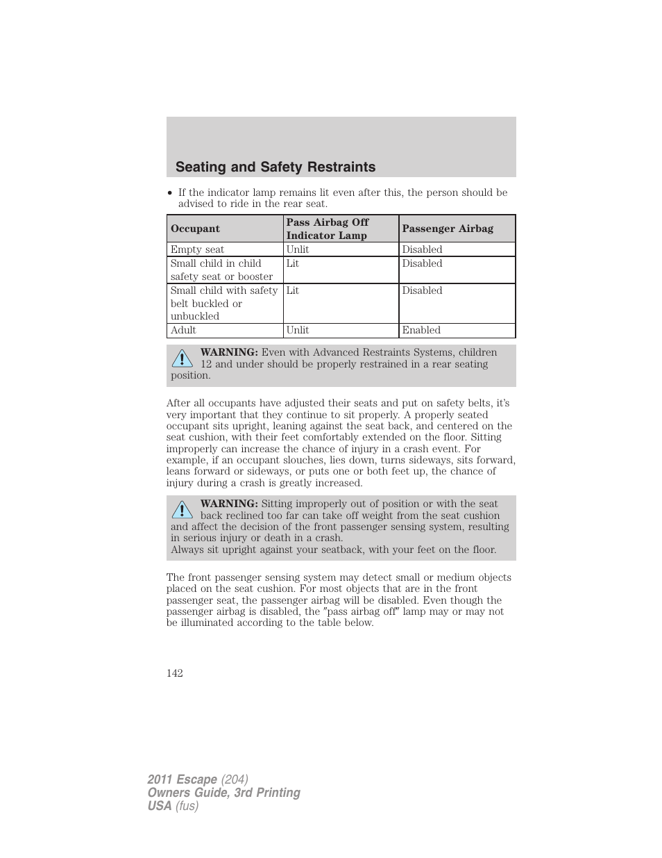 Seating and safety restraints | FORD 2011 Escape v.3 User Manual | Page 142 / 367