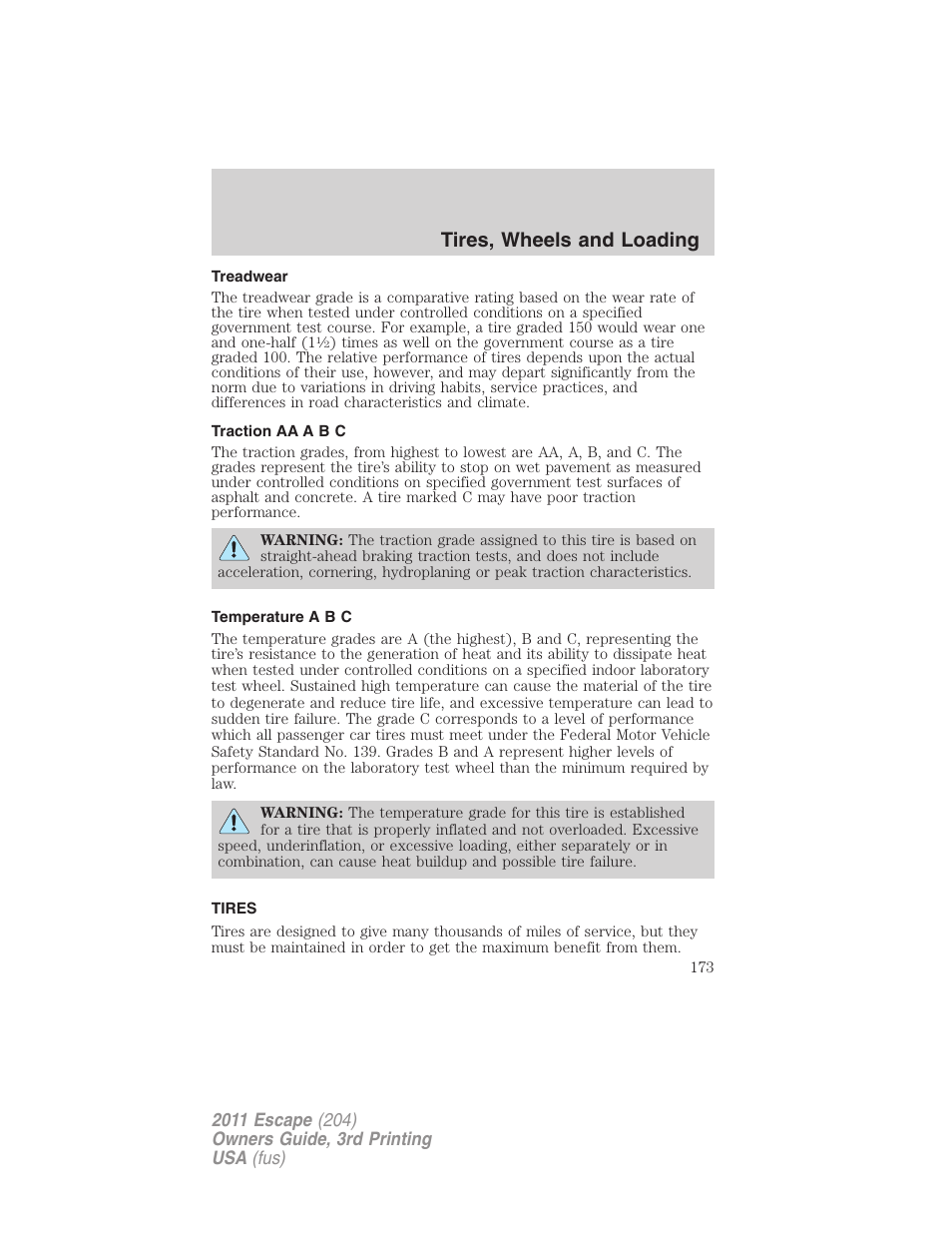 Treadwear, Traction aa a b c, Temperature a b c | Tires, Tires, wheels and loading | FORD 2011 Escape v.3 User Manual | Page 173 / 367