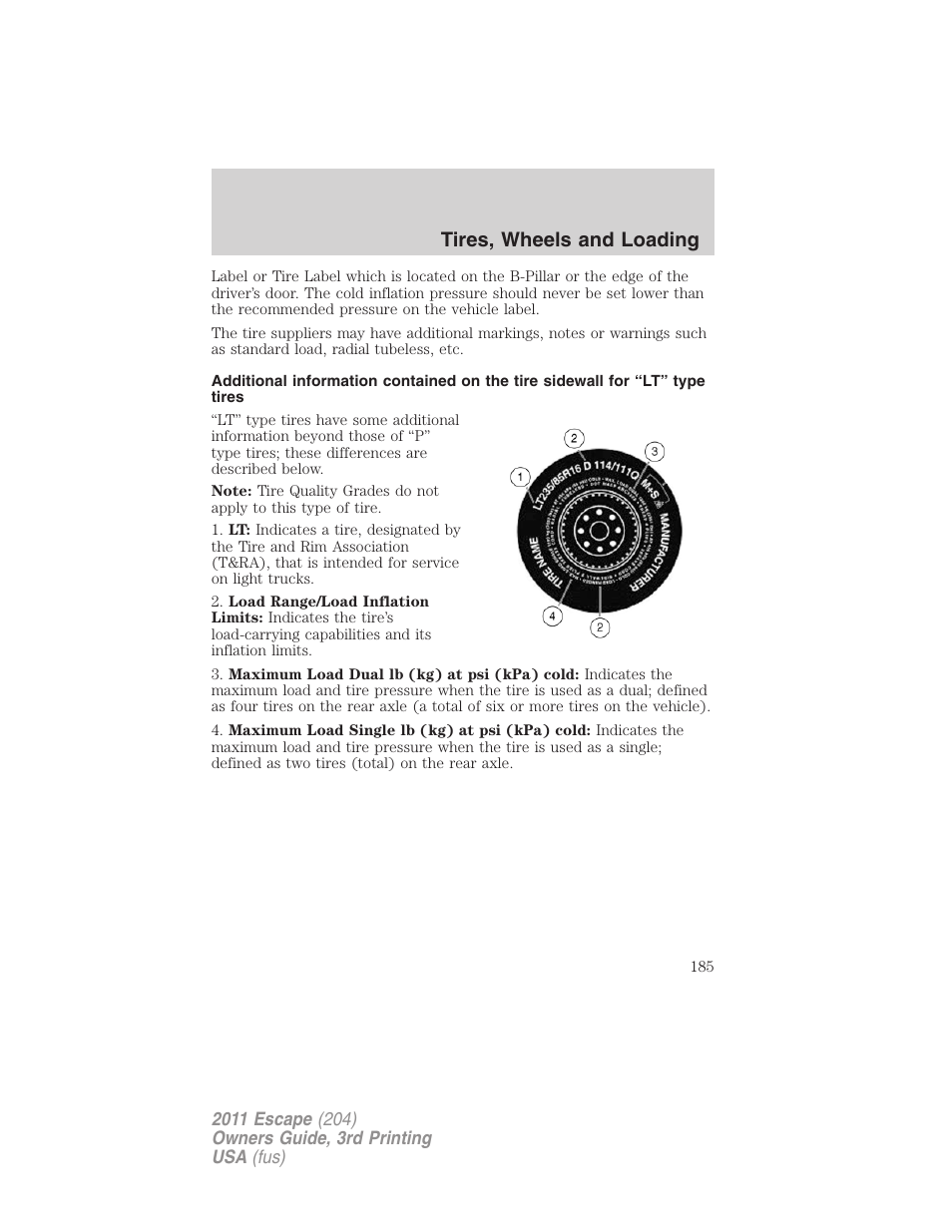 Tires, wheels and loading | FORD 2011 Escape v.3 User Manual | Page 185 / 367