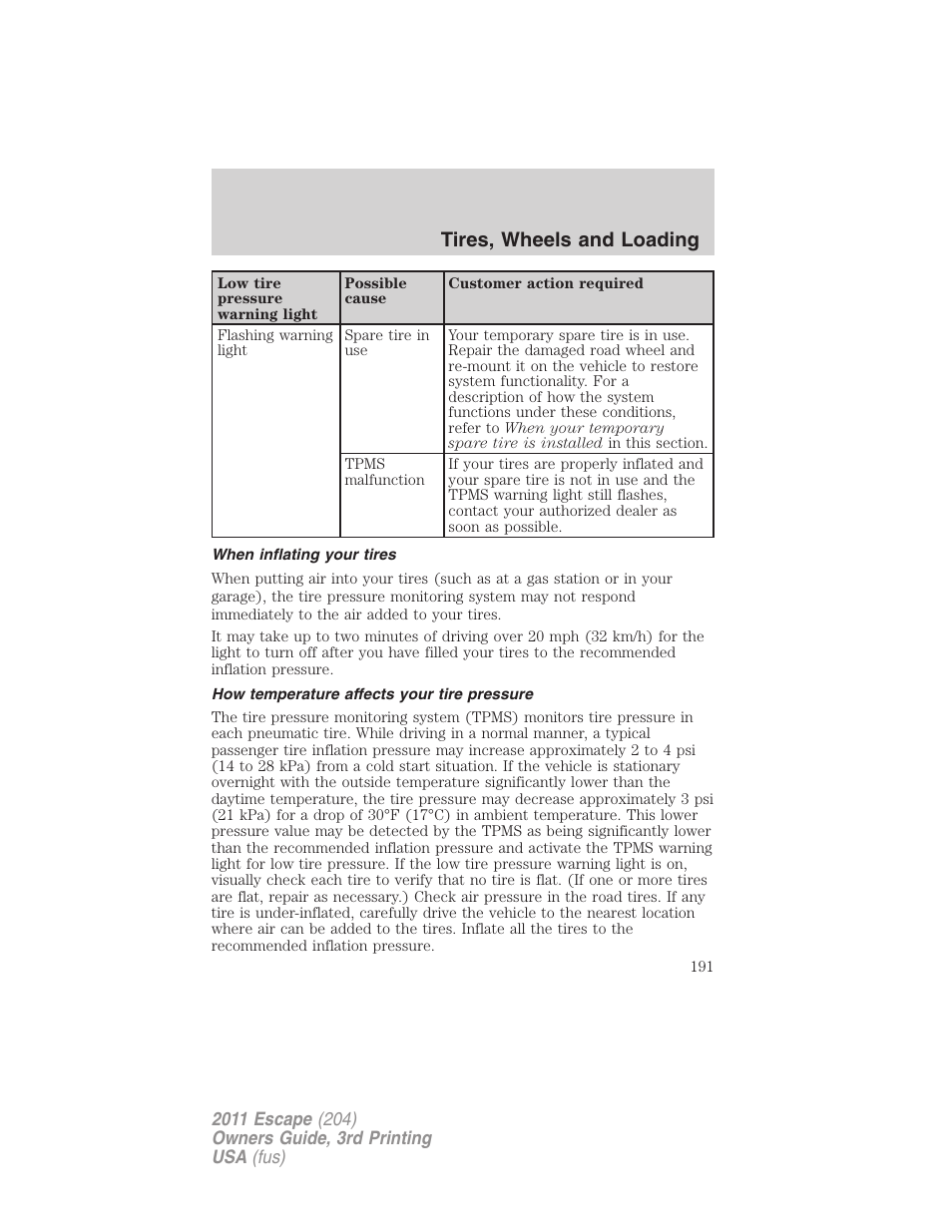 When inflating your tires, How temperature affects your tire pressure, Tires, wheels and loading | FORD 2011 Escape v.3 User Manual | Page 191 / 367