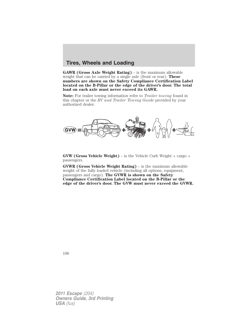 Tires, wheels and loading | FORD 2011 Escape v.3 User Manual | Page 196 / 367
